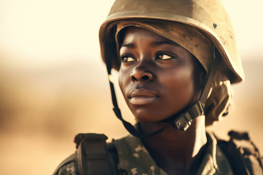 African female soldier at the battlefield. Generative AI., Generative AI