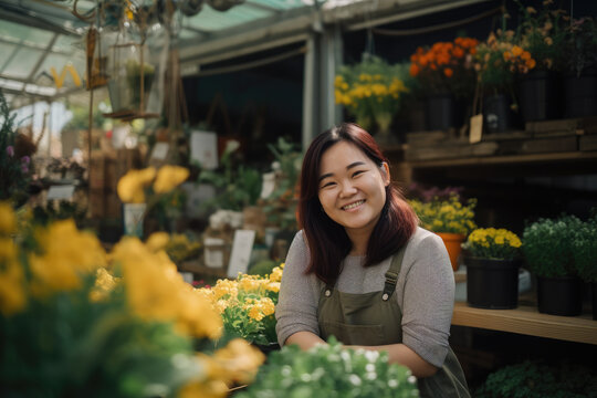 Portrait of happy asian florist at flower shop. Generative AI., Generative AI