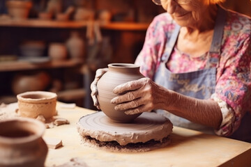 Old woman potter hands making ceramics. Generative AI., Generative AI