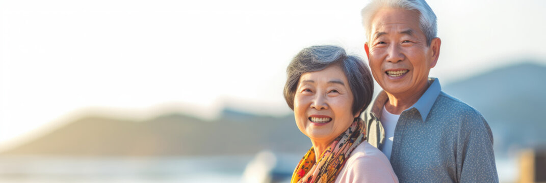 Asian senior couple enjoy their retirement at beach. Generative AI., Generative AI