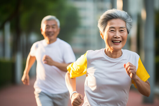 Cheerful active senior asian couple jogging at street. Generative AI., Generative AI