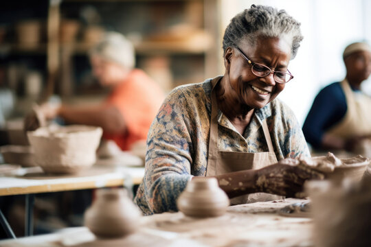 Smiling Old African Woman Learning Ceramics In A Class. Generative AI., Generative AI