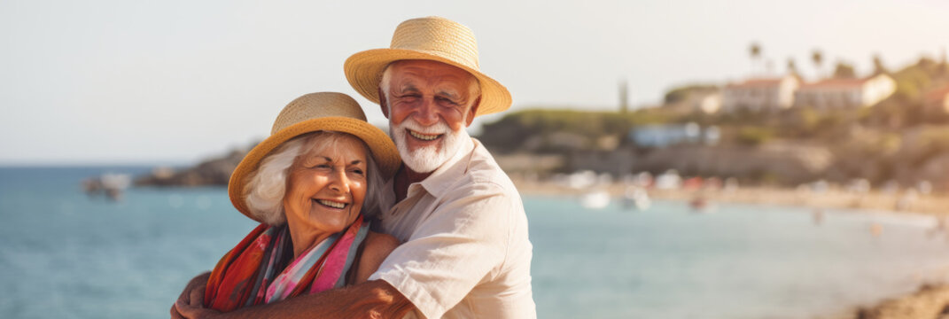 European senior couple enjoy their retirement at beach. Generative AI., Generative AI