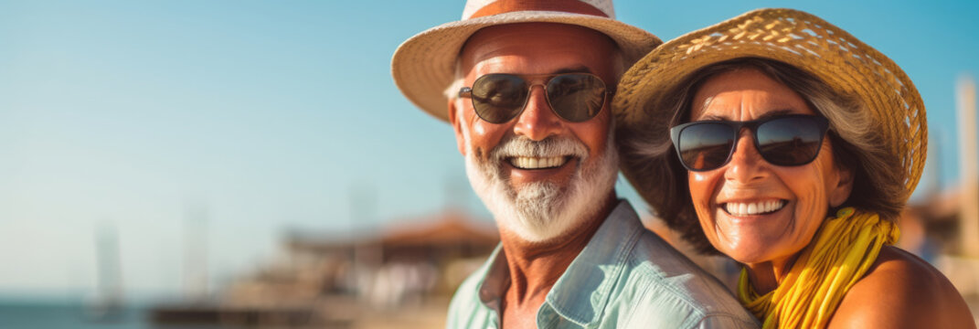 Hispanic senior couple enjoy their retirement at beach. Generative AI., Generative AI