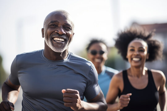 Happy active senior african couple jogging at street. Generative AI., Generative AI