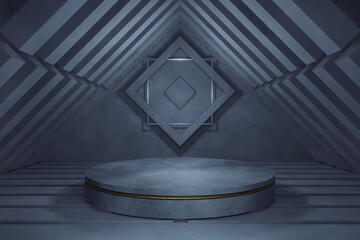 Podium with texture dark concentrate floor with mist or fog. 3D render.