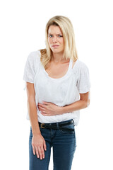 Fototapeta premium Pain, sad and portrait of a woman with a stomach ache from a virus, anxiety or constipation. Discomfort, health and a young girl with an upset tummy or problem isolated on transparent png background