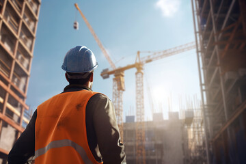 Rear view of an engineer at the construction site, looking up to the sky. Generative art