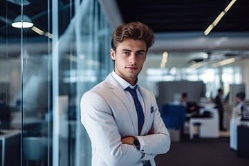 handsome businessman in formal wear looking at camera while standing in office