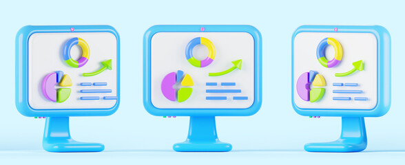 Computer monitor icons with pie charts and growth graphs front and side view. Cartoon 3d render round infographic diagram on pc screen. Financial data analysis, business presentation. 3D illustration