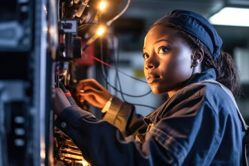 Obraz na płótnie Canvas A young black female electrician working to fix a problem in a house. Generative AI. 