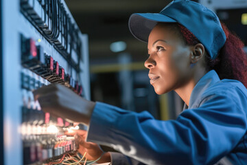 A young black female electrician working to fix a problem in a house. Generative AI. 