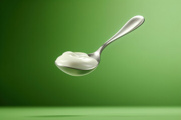 Fresh natural yogurt or cream on the metal spoon, isolated on green background. Photorealistic generative art
