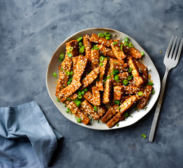 Fried tempeh with sesame seeds, chive and rise. Vegan food. Generative AI