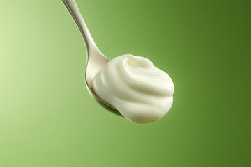Fresh natural yogurt or cream on the metal spoon, isolated on green background. Photorealistic generative art - obrazy, fototapety, plakaty