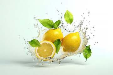Fresh lemons and pure water splash isolated on white background. Generative art.