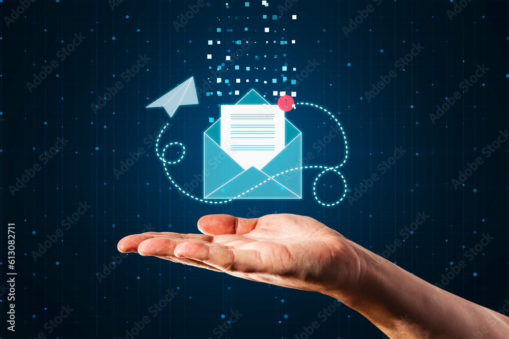 Poster online communication, letter, email and newsletter concept with paper list in blue envelope with pap