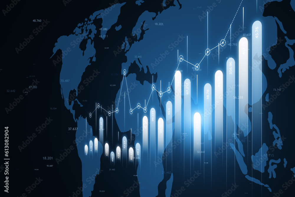 Poster Creative business chart with map and index on blue background. Financial growth, global business and data concept. 3D Rendering.