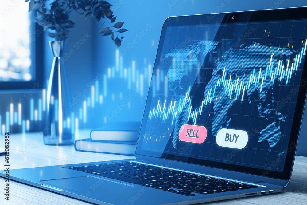 Poster close up of laptop at modern workplace with glowing blue sell and buy buttons, map and candlestick f