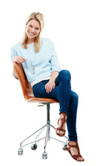 Portrait, fashion and blonde woman on chair isolated on a transparent png background. Style, smile and female person sitting on seat with casual clothes, fashionable outfit and trendy jeans in Sweden