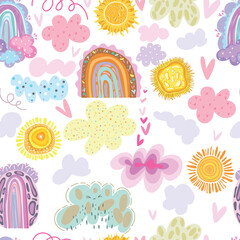 Seamless pattern with clouds, sun and rainbow in the sky. Creative kids hand drawn texture for fabric, wrapping, textile, wallpaper, apparel. Vector	
