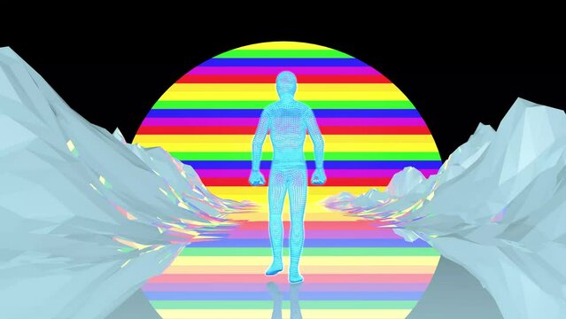 Blue neon futuristic landscape and a neon man walks towards the sun in the colors of the rainbow. 3D animation.  Liberal values, diversity, tolerance and democracy. Colors of rainbow.