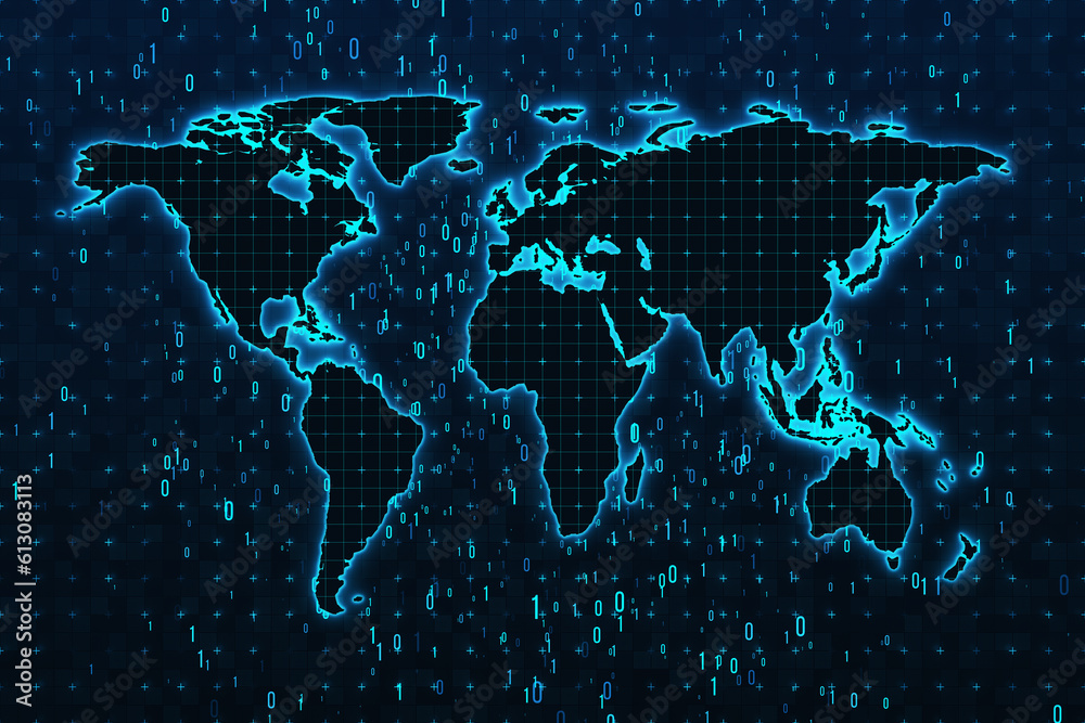 Poster dark digital world map background. 3d rendering