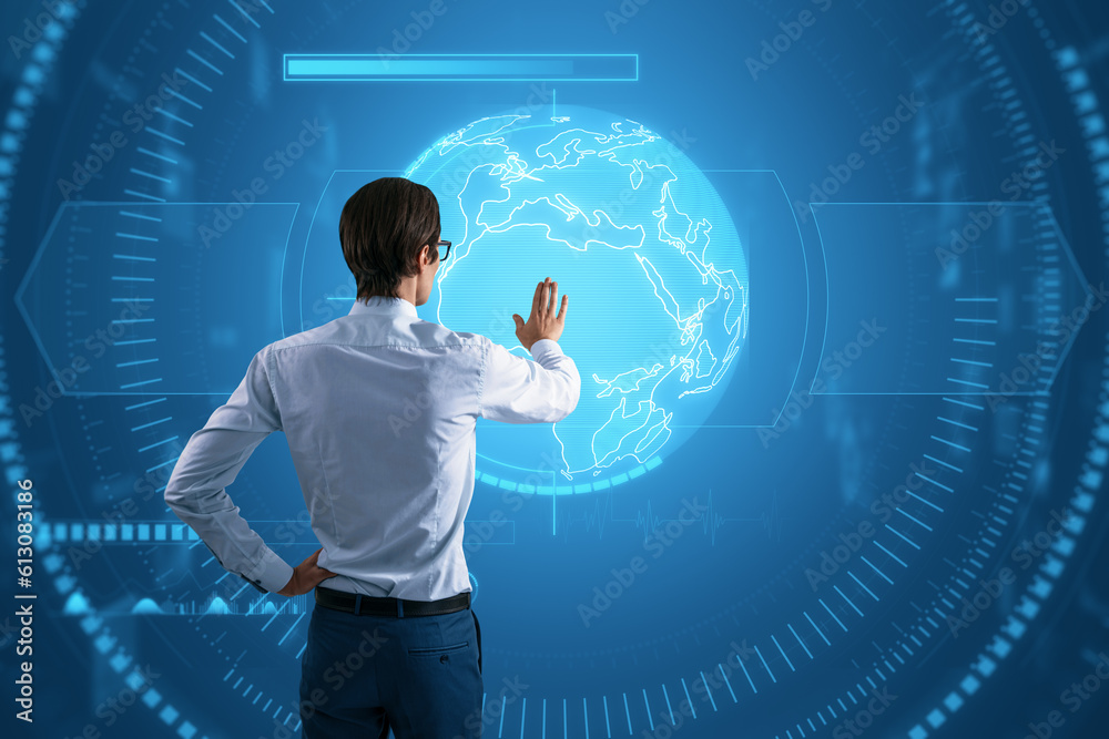 Poster back view of young businessman using creative glowing blue map or globe hologram on blurry backgroun