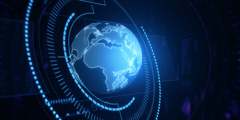 Creative glowing blue map or globe hologram on dark backdrop. Earth, metaverse and technology concept. 3D Rendering.