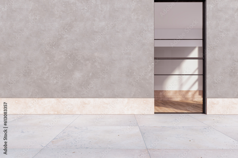 Poster luxury glass showcase in concrete building exterior with mock up place on wall. shop and retail conc