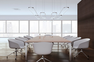 Modern empty concrete and wooden meeting room interior with panoramic window and city view, furniture and other objects. 3D Rendering.