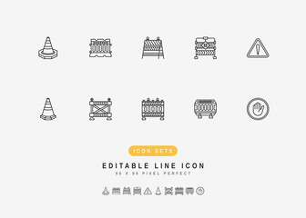 Road Barrier Includes Roadblock, Safety Cone, Construction Barricade, and Street Caution. Line Icons Set. Editable Stroke Vector Stock. 96 x 96 Pixel Perfect.