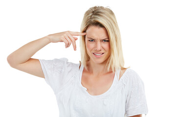 Thinking of problem, confused and face of woman with frustrated, angry or annoyed expression on isolated, transparent or png background. Portrait, girl or student with question, decision or crisis