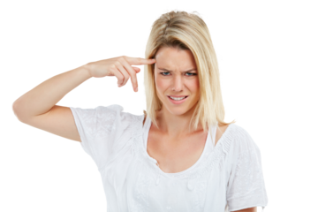 Thinking of problem, confused and face of woman with frustrated, angry or annoyed expression on isolated, transparent or png background. Portrait, girl or student with question, decision or crisis