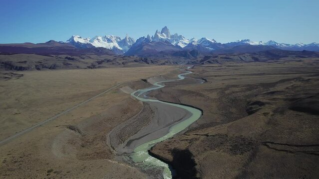 Drone Flying Backwards Over Las Vueltas River, Mount Fitz Roy, Patagonia.