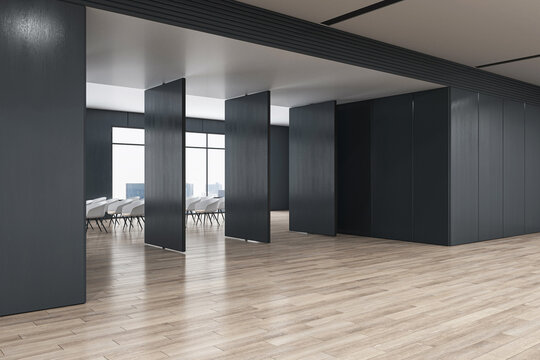 Perspective view on stylish dark wall partition in spacious conference hall with light wooden floor and white chair rows on background and city view from big windows. 3D rendering