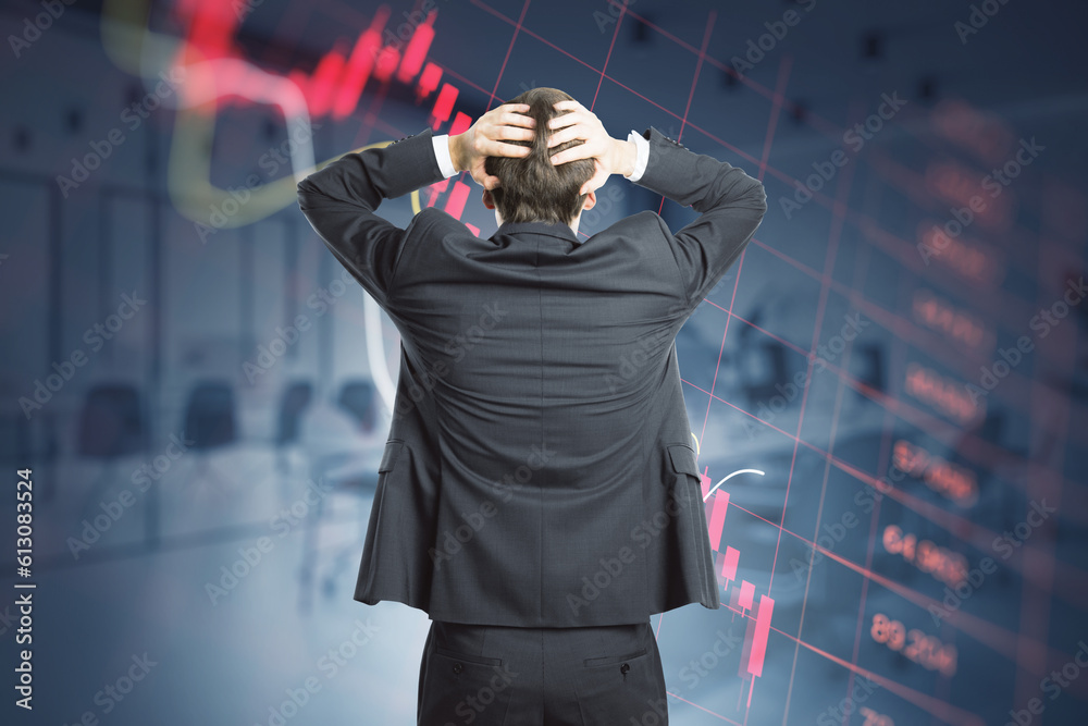Aufkleber inflation, economy recession and crisis concept with confused trader back view looking at digital fa
