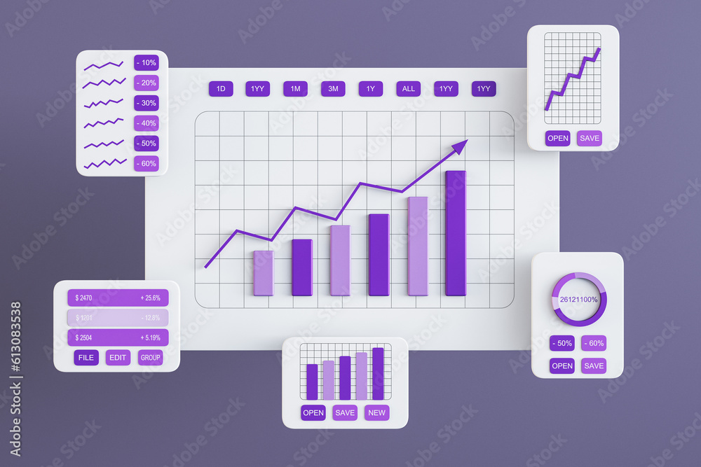 Poster Stats data and digital marketing concept with front view on white graphic window cards with purple project statistics, growing sales charts and finance reports on abstract background. 3D rendering