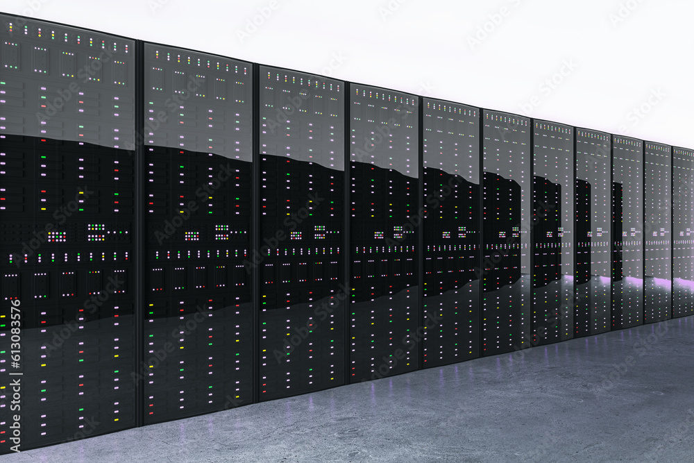 Poster Datacenter interior with servers. 3D Rendering