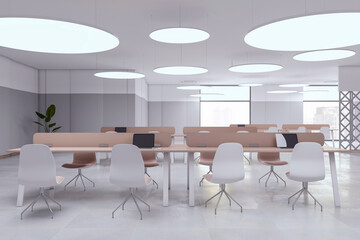 Front view open space office coworking interior with comfortable workplaces, long wooden desk with laptops, concrete floor, grey walls, and window with city view. Modern workspace design. 3D Rendering