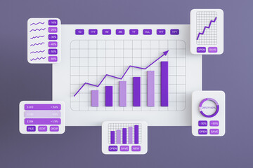 Obraz premium Stats data and digital marketing concept with front view on white graphic window cards with purple project statistics, growing sales charts and finance reports on abstract background. 3D rendering