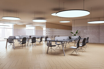 Perspective view of open space office coworking interior with comfortable workplaces, long desk with laptops, wooden floor, grey walls, and window with city view. Modern workspace design. 3D Rendering