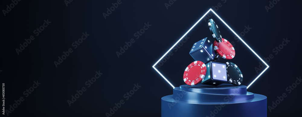 Poster Casino chips and cubes background with empty space, mockup. 3D Rendering