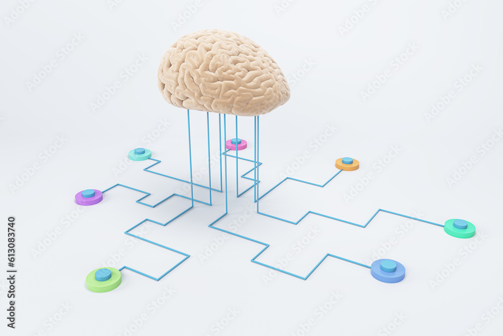 Poster Neurological innovation development concept and science concept with human brain layout connected to sensors for computer testing on white background. 3D rendering