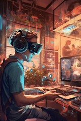 Hi tech students in university virtual reality with glasses in cartoon style colorful illustration.