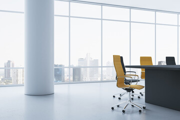 Bright concrete meeting room interior with colorful chairs, desk and panoramic window with city view. 3D Rendering.