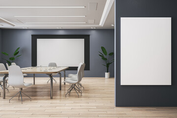 Loft luxury meeting room interior with furniture, wooden flooring and decoration plant. Mock up place on white screen banner. 3D Rendering.