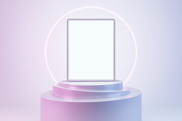 Front view on blank white digital tablet screen for web design or logo brand on cylindrical stand on light wall background with glowing circle, advertising, marketing concept. 3D rendering, mock up