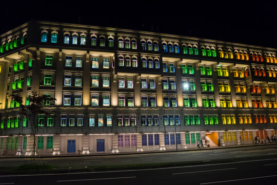 Soft focus of Colorful building of Old Hill Street Police Station is a historic building and former police station of the Singapore Police Force located at Hill Street on dark night.
