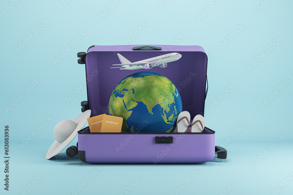 Poster abstract image of suitcase filled with airplane, globe and beach items on blue background. summer va